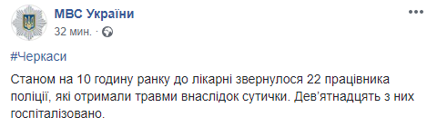Після зіткнень у Черкасах в лікарню звернулися 22 правоохоронця